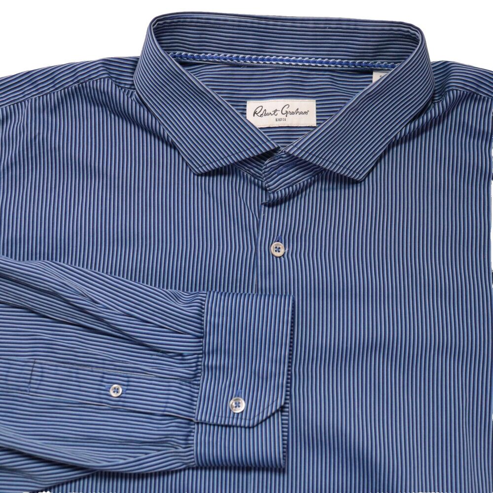 Robert Graham Dress Shirt Mens‎ 20 34/35 Blue Striped Button Up Cutaway Collar